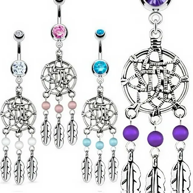 Belly Ring with Dream Catcher, Triple Beads and Feathers