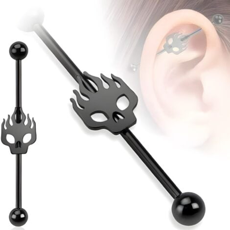 Industrial Barbell with Flaming Skull in IP Black