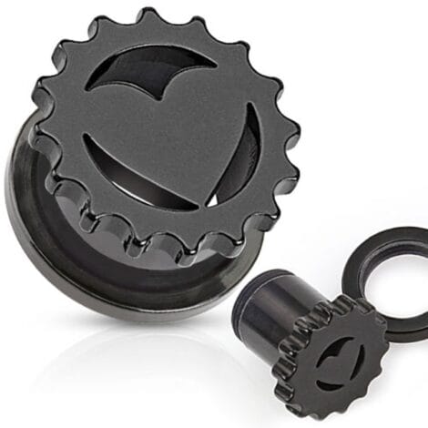 Black Acrylic Gear Tunnels with Heart Internal Threaded Pairs