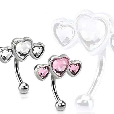CZ Triple Heart Curved Barbell Eyebrow Rook Ring