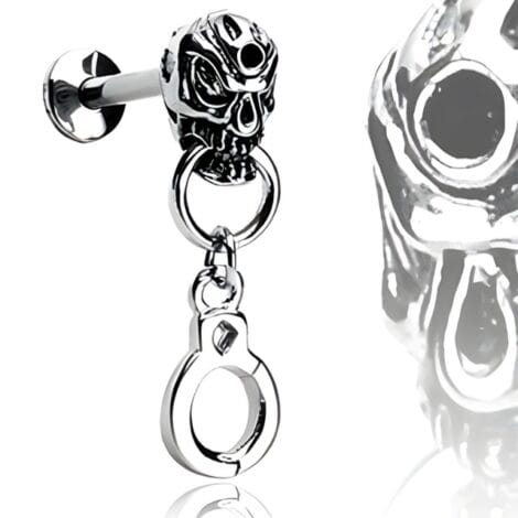 Tribal Skull Top Labret with Dangling Handcuff, External Thread