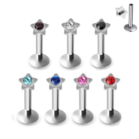 Crystal Jewelled Star Top Labret Internally Threaded
