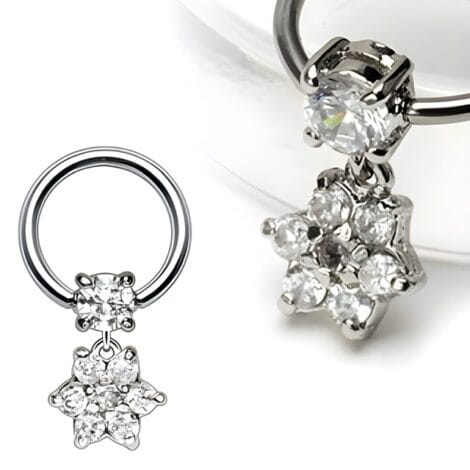 Captive Bead Ring with Prong CZ and Dangle Gem Paved Flower