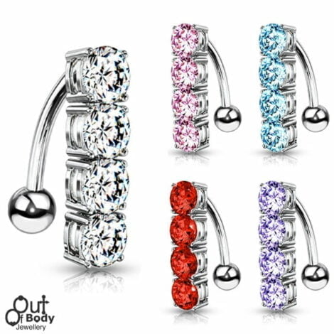 4 CZ Gem Row Reverse Top Down Belly Ring