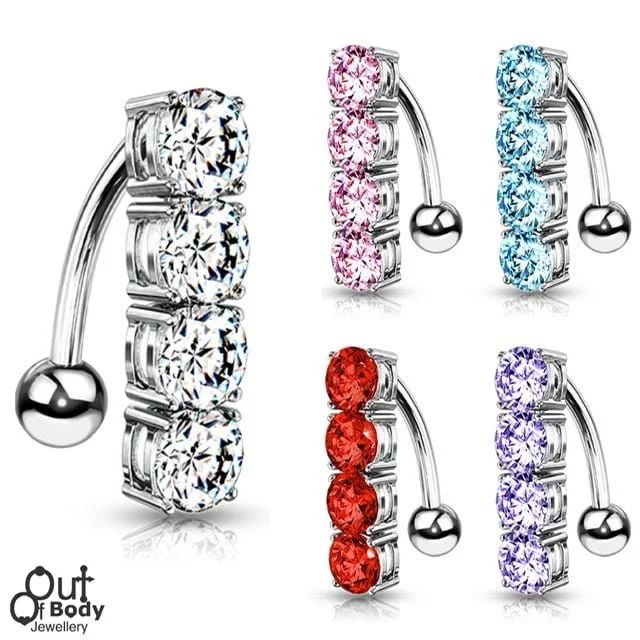 4 CZ Gem Row Reverse Top Down Belly Ring