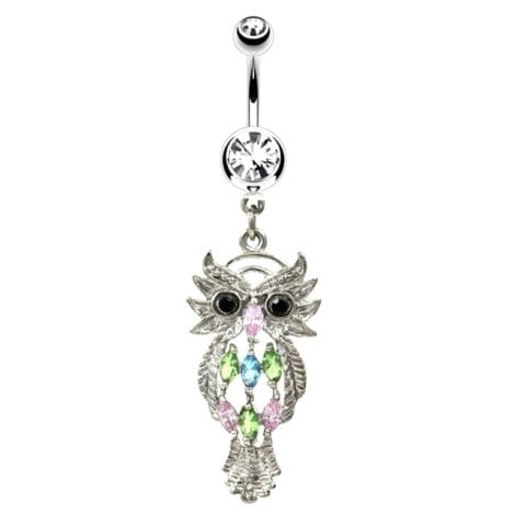 Owl Belly Ring with Double Gem Balls and Colourful Marquise Crystals