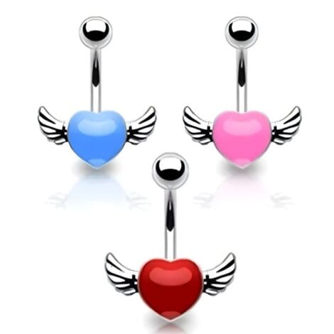 Puffy Heart Belly Ring With Silvery Wings