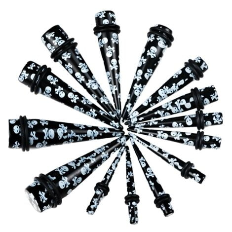 Acrylic Taper Pairs in Black with White Skull Print, 3-14mm