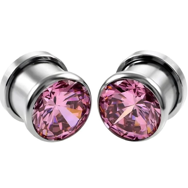 Pink Zircon Set Double Flare Screw Fit Tunnel Pairs