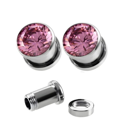 Pink Zircon Set Double Flare Screw Fit Tunnel Pairs - Image 2