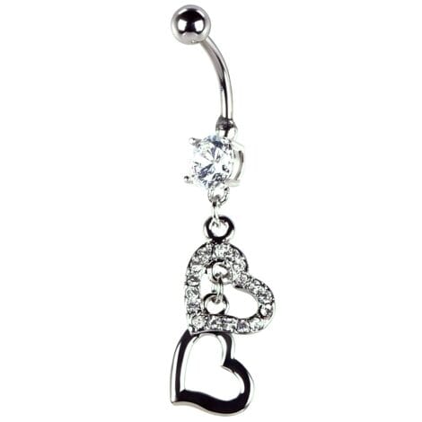 Prong Set CZ Belly Ring with Double Dangling Hearts