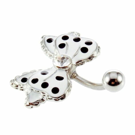 White Lacey Bow With Black Dots Belly Ring