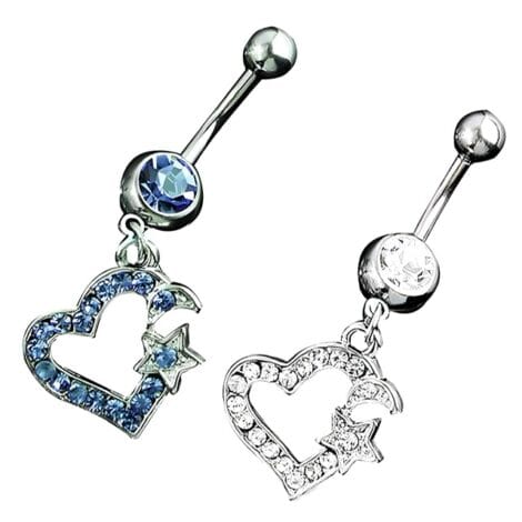 Crystal Paved Dangle Heart Belly Ring with Moon and Star