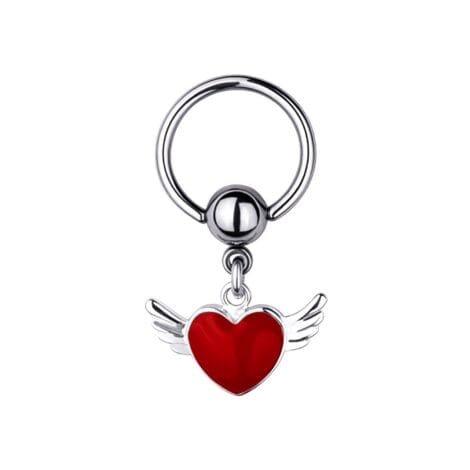Captive Bead Ring With Winged Red Heart
