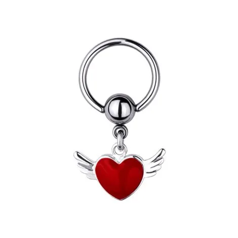 Captive Bead Ring With Winged Red Heart