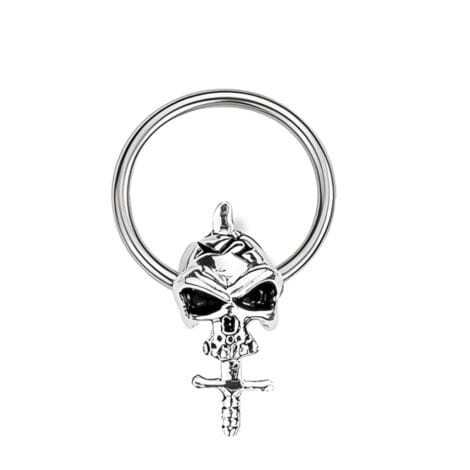 316L Steel Captive Bead Ring with Skull and Sword Bead