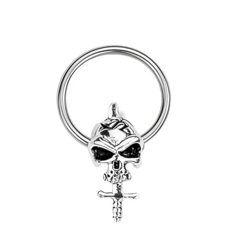 316L Steel Captive Bead Ring with Skull and Sword Bead