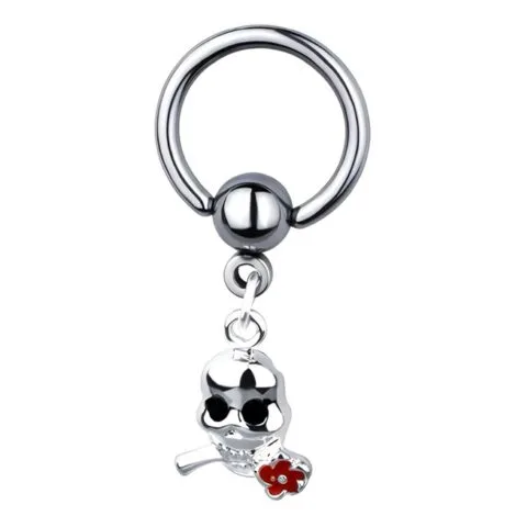 316L Steel Captive Bead Ring with Dangling Skull and Rose