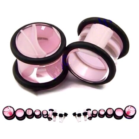 Acrylic Plug Clear with Pink Marbling and O-Rings, Pairs - Image 2