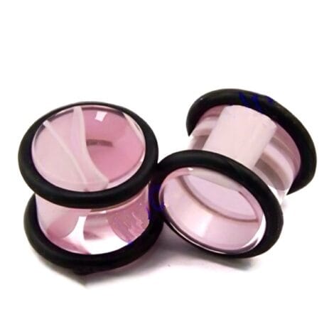 Acrylic Plug Clear Marbled with Pink O-Rings, Pairs