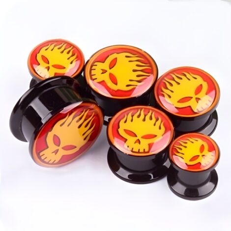 Acrylic Black Threaded Tunnel Pairs W/  Flaming Skull Logo