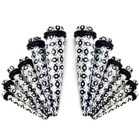 Acrylic Taper Pairs in White w/ Black Moustache, 4-12mm