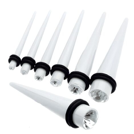 Acrylic Straight Taper Pairs White With Clear Crystal Top