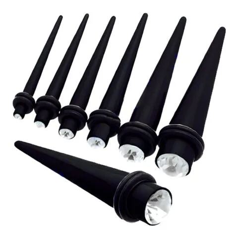 Acrylic Straight Taper Pairs Black With Clear Crystal Top - Image 1