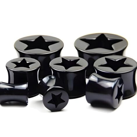 Black Acrylic Saddle Plug Pairs with Hollow Star Center/ 8 to 26mm