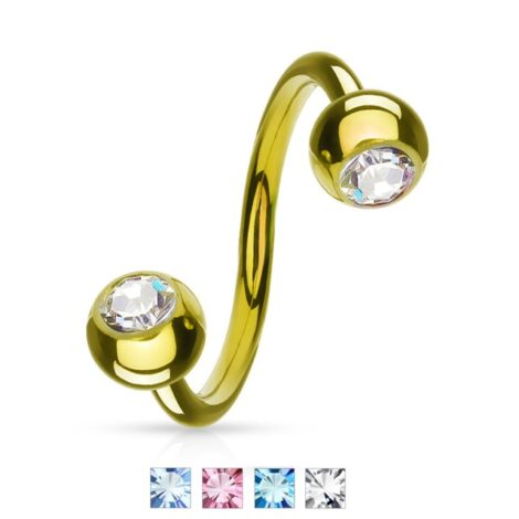 316L Surgical Steel Twist Barbell IP Gold W/ CZ Gem Ball