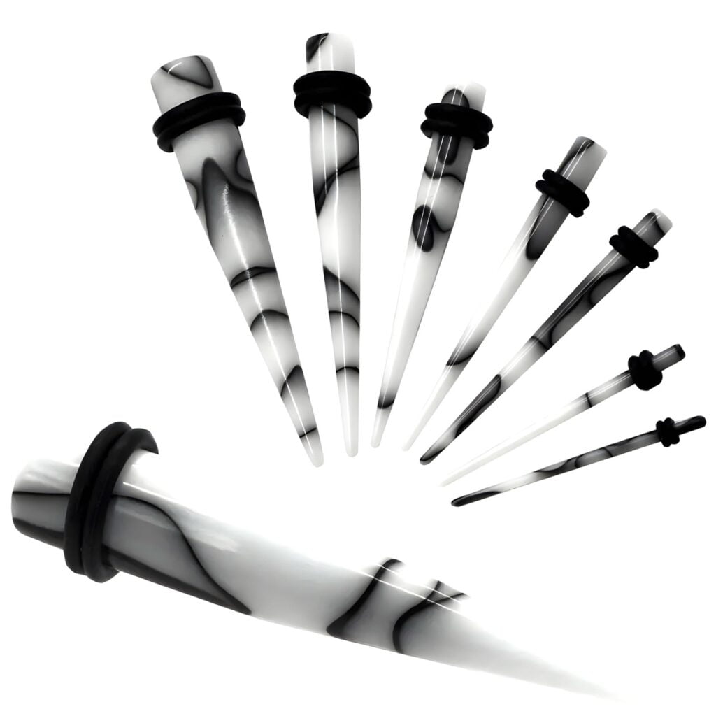 Acrylic Straight White Marbled Taper Pairs with O-Rings