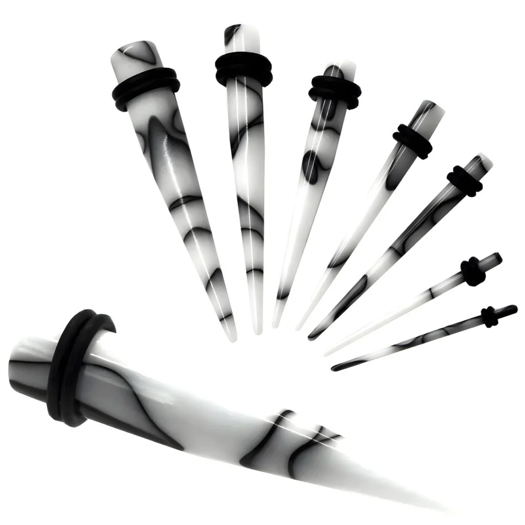 Acrylic Straight White Marbled Taper Pairs with O-Rings