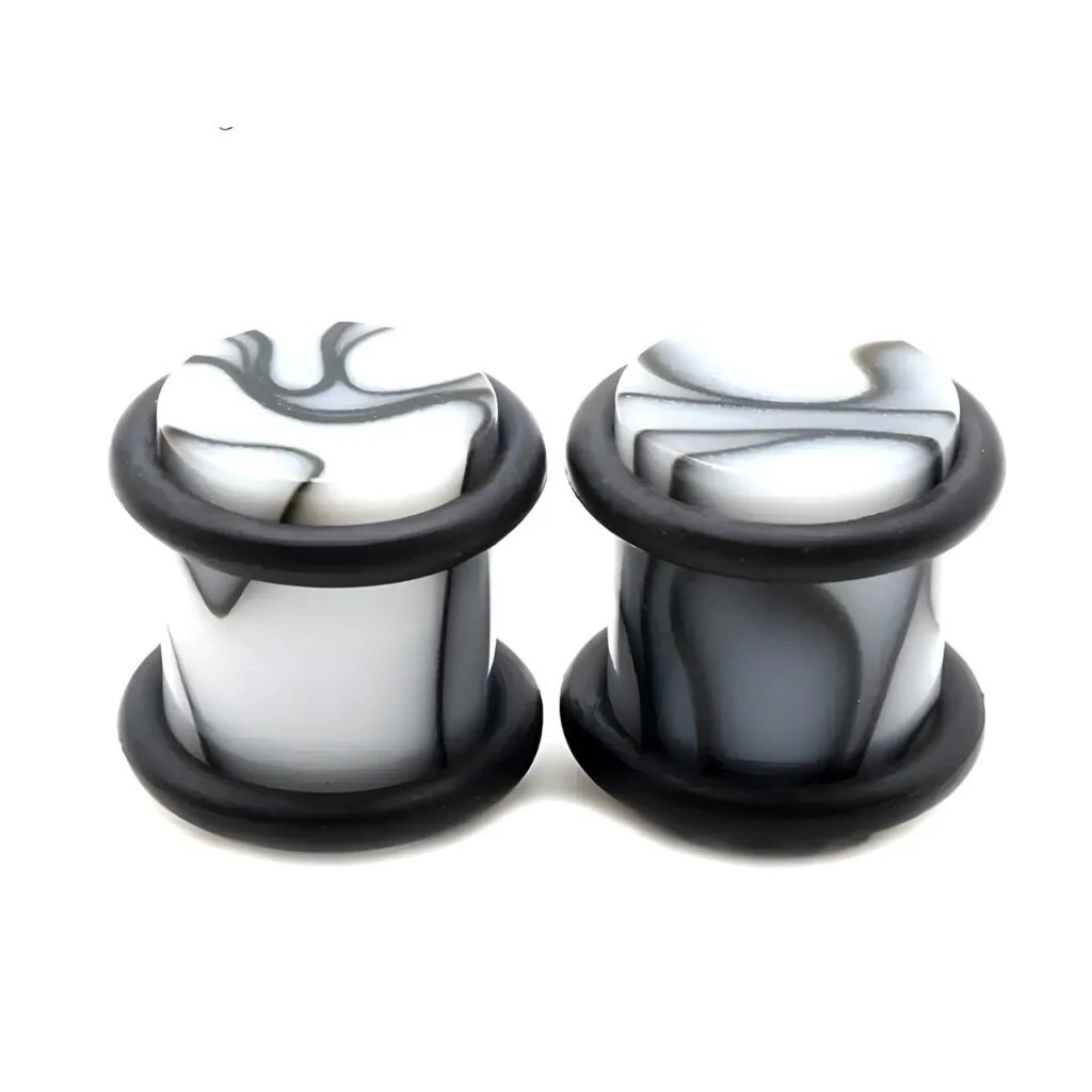 Acrylic White Plugs Marbled With Black, Pairs with O-Rings