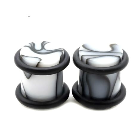 Acrylic White Plugs Marbled With Black, Pairs with O-Rings