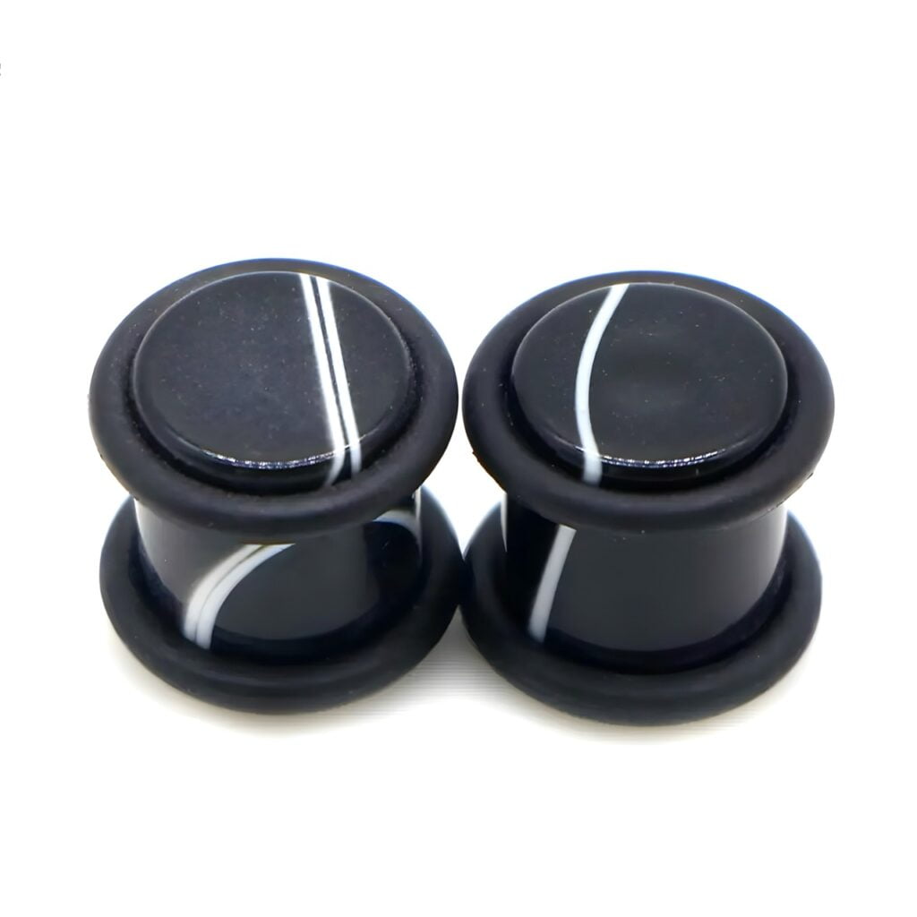 Acrylic Plug Black Marbled with White in Pairs with O-Rings