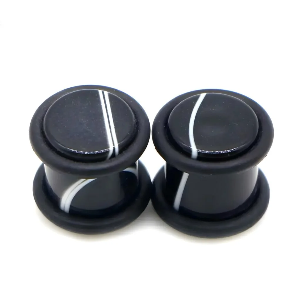 Acrylic Plug Black Marbled with White in Pairs with O-Rings