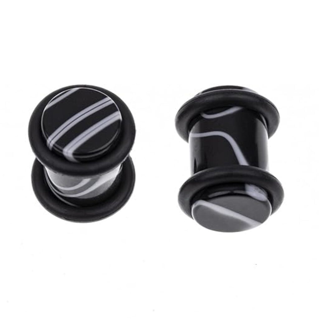 Acrylic Plug Black Marbled with White in Pairs with O-Rings