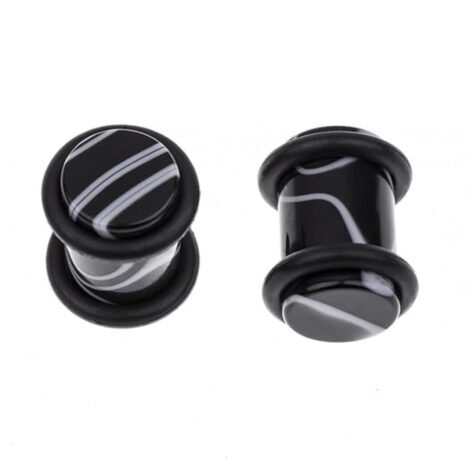 Acrylic Plug Black Marbled with White in Pairs with O-Rings - Image 2