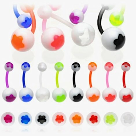Flexible Bioplast Bar Belly Rings With Acrylic Flower Pattern Balls