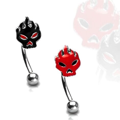Curved Barbell with Flaming Skull Top, Eyebrow Rook