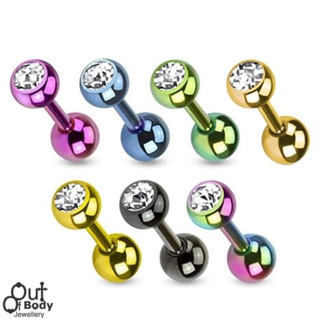 Cartilage/ Tragus Lobe Barbell with Single CZ Ball in IP Titanium
