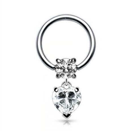 Captive Bead Ring with Prong Round CZ and Dangle Heart CZ