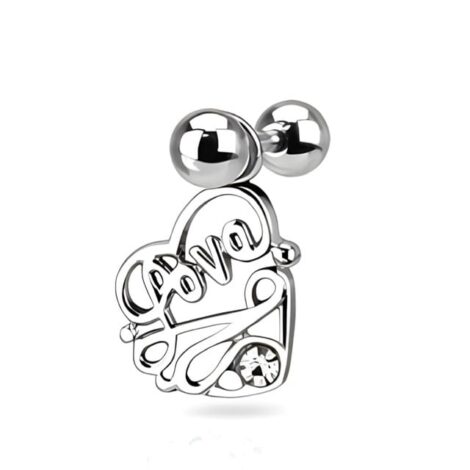 Heart Charm Barbell with Clear CZ and Love Logo - Image 1