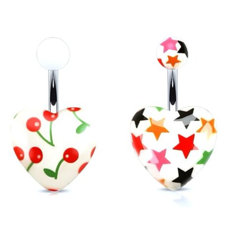 Romantic White Heart with Cherry or Star Print Belly Ring - Image 1
