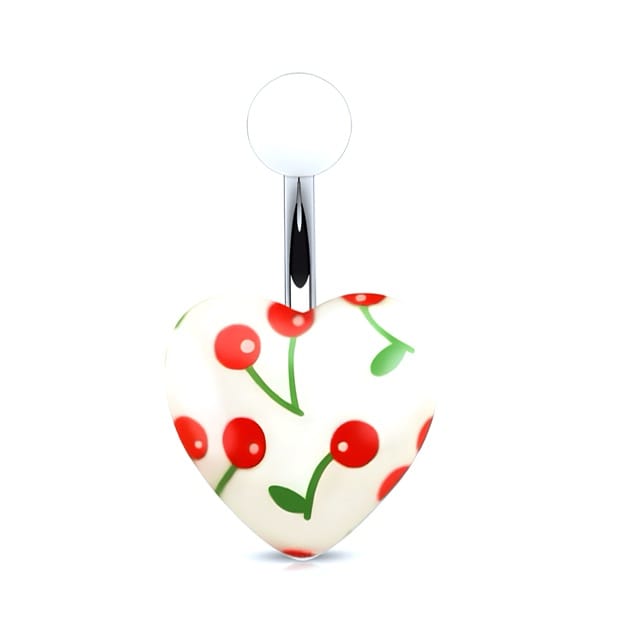 Romantic White Heart with Cherry or Star Print Belly Ring