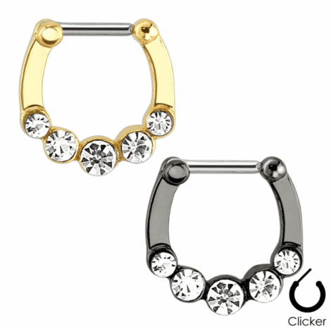 Septum Daith Clicker Hinged with 5 Clear Gems Nose Ring - Image 3