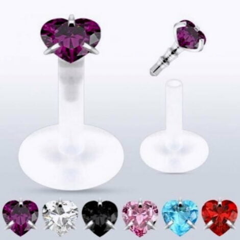 Bioplast CZ Prong Set Heart, Push Fit Top Labret Stud with Bonus Bar