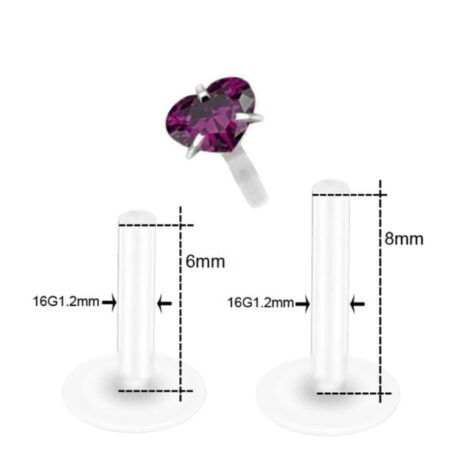 Bioplast CZ Prong Set Heart, Push Fit Top Labret Stud with Bonus Bar - Image 2