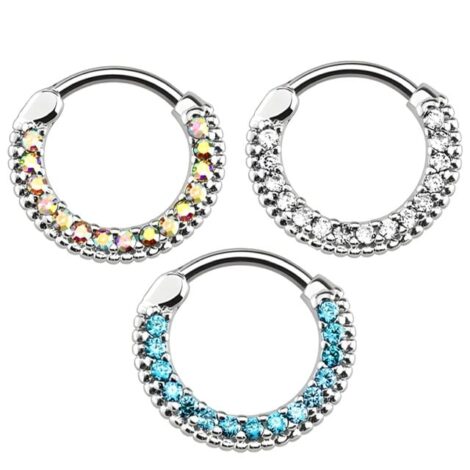Septum Daith Clicker Round Hinged Gem Paved Nose Ring - Image 3