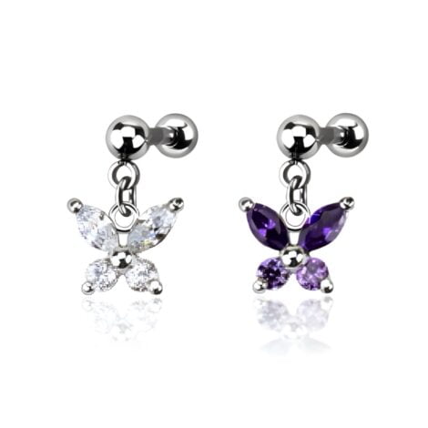 Cartilage/ Helix Barbell W/ Dangling Multi CZ Set Butterfly